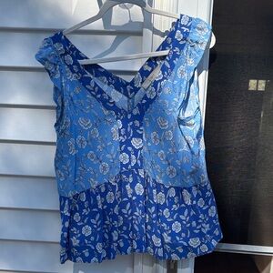 LOFT Blue Floral V-Neck Blouse